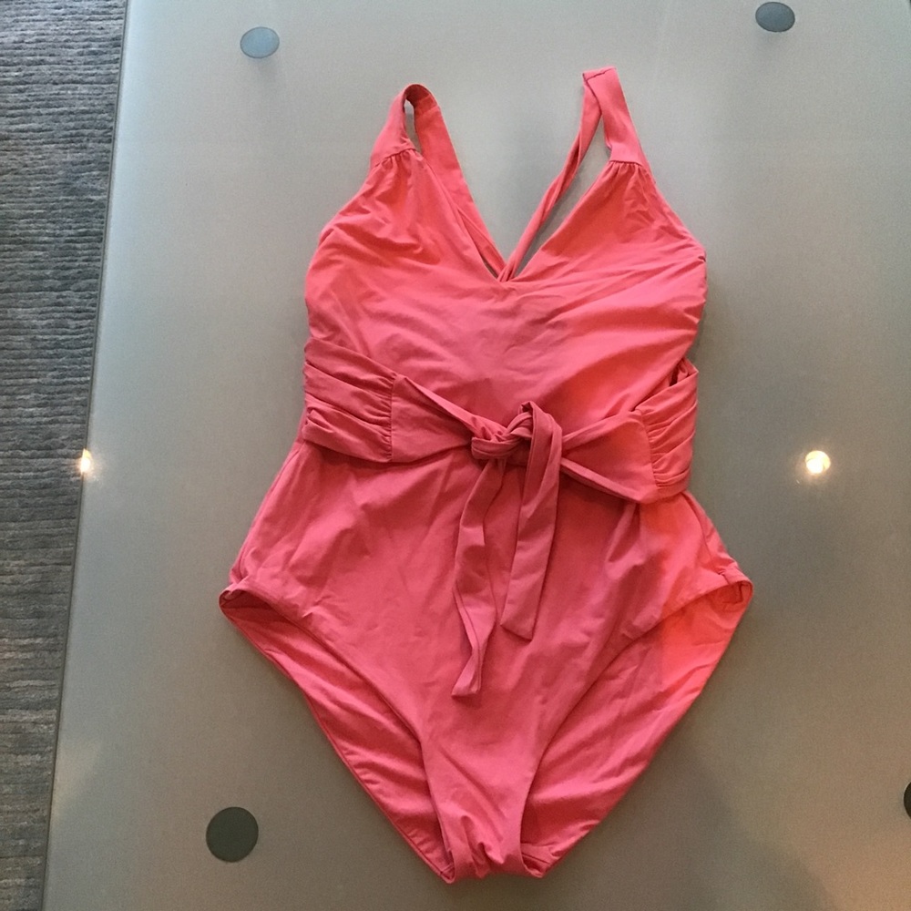 Becca Rebecca Virtue Coral Pink Plunge Tie Belted One Piece Swimsuit 0Xβ 14 16